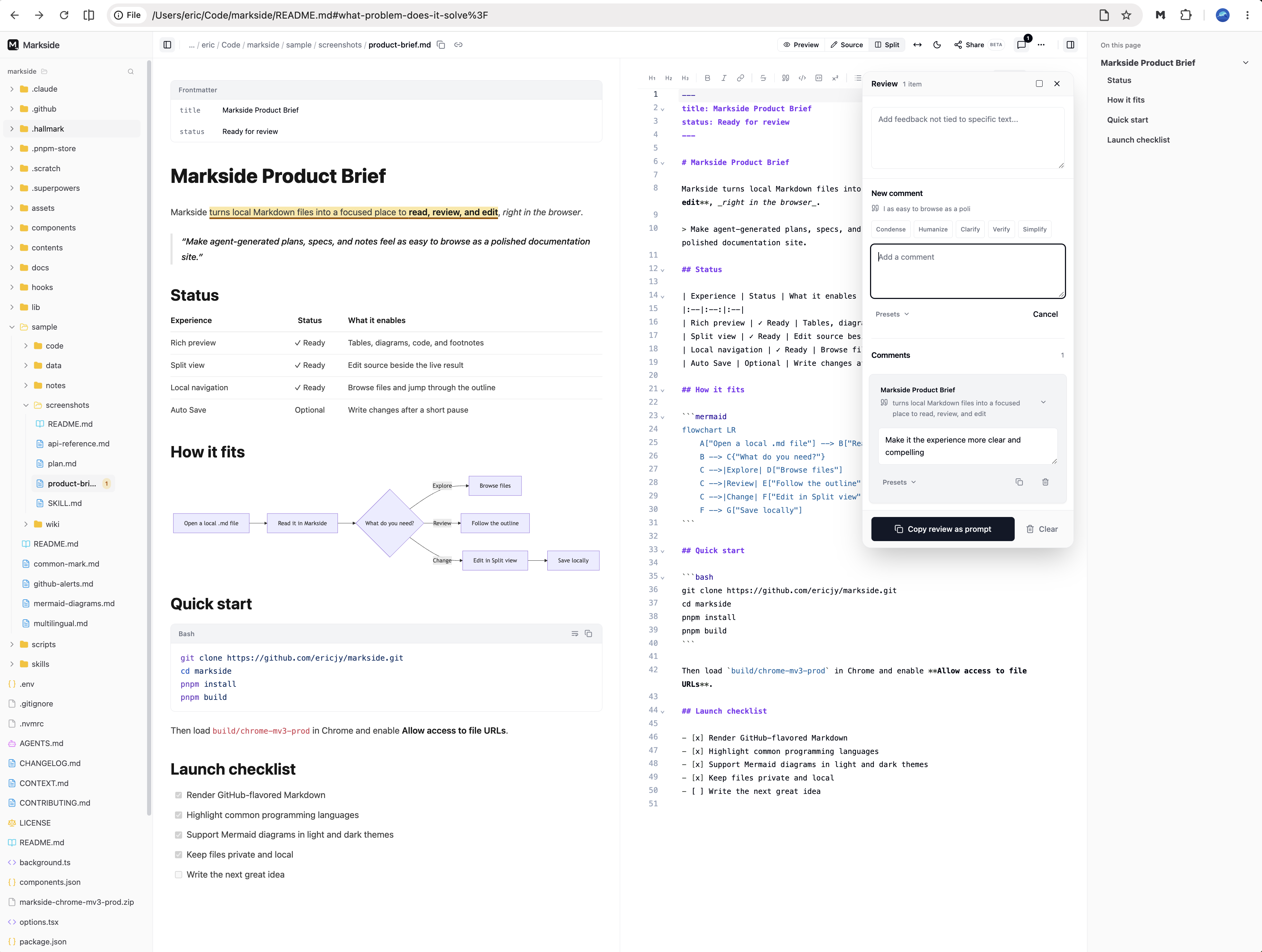 Markside displaying a product brief in split view with the Markdown source and rendered preview side by side